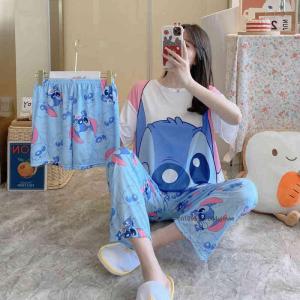 3Pcs Disney Stitch New Womens Pajamas Summer T-Shirt Short Sleeve Pants Shorts Cartoon Girls Kuromi Cute Sleepwear Home Wear