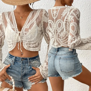 Elegant Lace Swimsuit Coverup Shirt for Women Front Tie Lace Beach Coverup Long Sleeve Bathing Suit Coverup Crop Top
