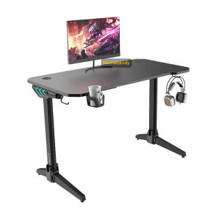 I Shaped Gaming Table with Adjustable RGB LED Lights PC Desk Gaming Desk with Power Strip Tray and Cable Grommets Cable Holes