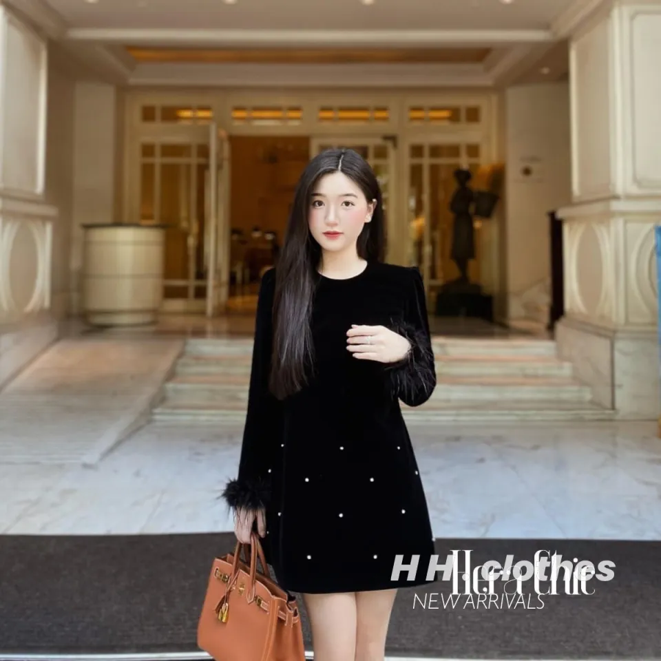 Đầm nhung đen tay dài cổ vuông đính đá ôm dáng thời trang mùa thu Pháp 2021  cho nữ | Shopee Việt Nam