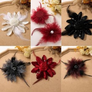 SPARAK Feather Decor Organza Flower Hair Clip Pearl Embellishment Multi Use Design Pearl Feather Hair Accessory DIY Delicate Craftsmanship Floral Clothing Accessory For Dress Decor
