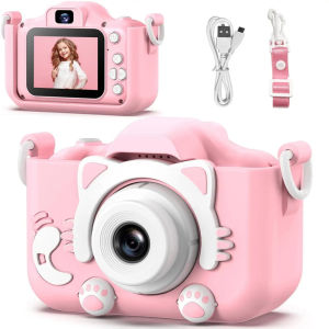 JCK KIDDMEE Kids Camera 1080P HD Dual Cute Cat Child Digital Silicone Cover Portable Video Camera Toy Gifts with 32GB TF Card
