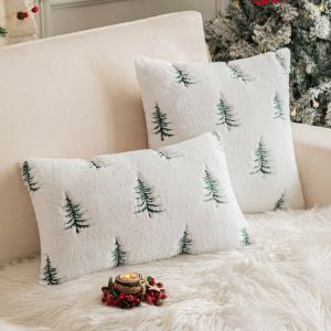 MAKERVY Christmas Tree Pattern Throw Pillow Cover Cozy Faux Rabbit Fur Fluffy Pillowcase White Pillow Case