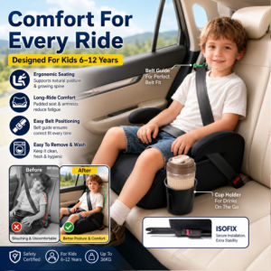 ISOFIX Car Booster Seat 6-12 Years Washable High Back Child Safety Booster Seat Removable Cover Adjustable Headrest Secure Fit Kids Car Seat