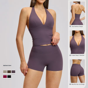 MUTUER Women Yoga Sports Set High Waist Yoga Shorts Deep V Running Tank Top 2 PCS Outdoor Fitness Workout Suit