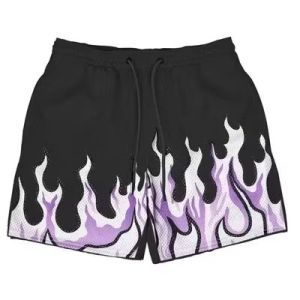 Mens Street Style Flyah Shorts Fire Printed Basketball Mesh Shorts for Men Beach Drift Sport Short Black White