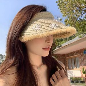 BEAUTYLADIES ผ้าทอทอ หมวกฟาง Lafite เดซี่ ป้องกันรังสียูวี หมวกชายหาดหมวก ลำลองแบบสบายๆ โบโฮ หมวกกันแดดกันลม ผู้หญิง/ผู้หญิง