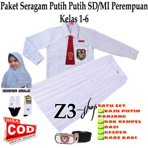 setelan seragam sekolah SD putih putih perempuan lengan panjang kelas 1-6 sd