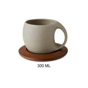 KECTTIO Phong cách Nhật Bản Cốc cà phê nghệ thuật hiện đại bằng gốm thô với đĩa gỗ Tay cầm tròn Tách trà gốm sứ Tối giản Cổ điển Cốc uống nước Trà chiều