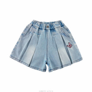 Fancy Girls Summer Denim Shorts With Butterfly Elegant Fashion Pleated Shorts Kids Teenager Casual Knee-Length Jeans Bottom 5-14