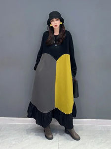 XITAO Contrast Color Patchwork Dress Asymmetrical Women Causal Long Sleeve Pullover Dress Spring Autumn HQQ1925