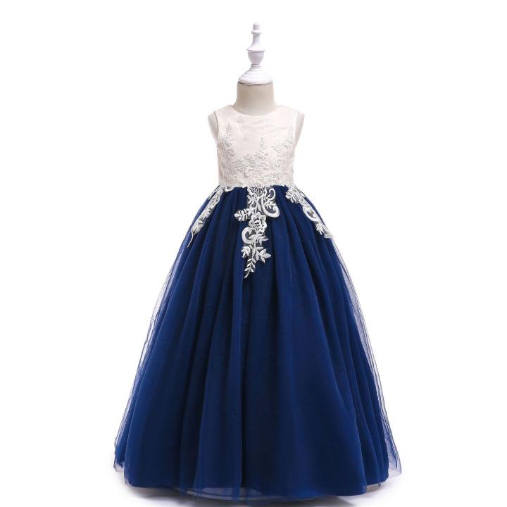 4-17 Years Old Long Flower Girls Wedding Dress Elegant Beach Navy Blue  Vestido De Festa Longo 10 12 14 Years Old Girls Clothes AKF184062 