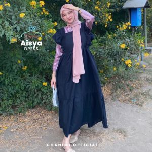 Ghanimi - Aisya Dress / Gamis Linen Polos Fit Kerah dress Kondangan Gaun Panjang Muslim Ruffle Midi Casual Wanita