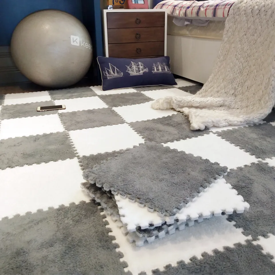 thumbnail image 2 of 16-Piece Shaggy Interlocking Play Mat - Soft EVA Foam Tiles For Baby Crawling & Kids Room (16 Sq Ft Coverage) 2 of 11