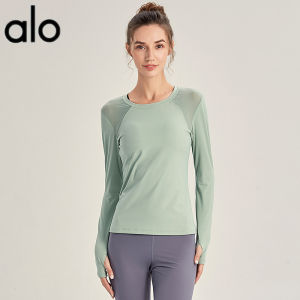 Al0-yoga Spring and Autumn Patchwork Sports Top Womens Tight Fitness Clothes Quick-Drying Breathable Long Sleeves Yoga Clothes Beauty Back Running Smock  -ALO-ALO