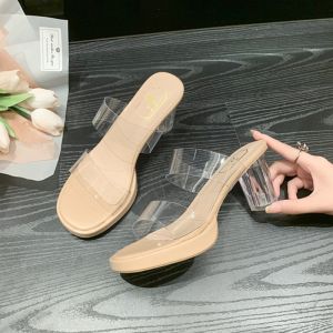 Size 35-42 Womens 7cm Fashion Transparent Sandal French Coarse Heels Elegant Crystal Heel Shoes