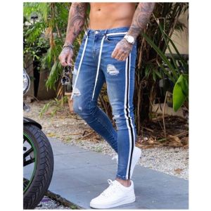 Hopeu Frayed Decoration Stripe Jeans for Men Ripped Skinny Mens Jeans Destroyed Slim Fit Denim Pant Zipper
