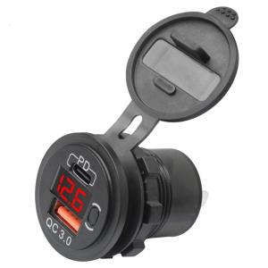 USB C Car Socket QC3.0 PD Fast Charging Outlet with LED Voltmeter & Power on/off Switch 12V/24V for Car