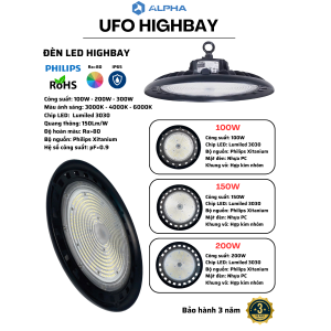 (Alpha) Đèn LED Highbay chuyên nhà xưởng kho bãi 100W 150W 200W Nguồn Philips chống nước IP65