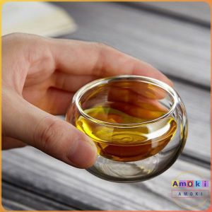 Amoki 50ml Tea Cup Transparent Double Layer Small Tea Cup Thickened Glass Small Tea Cup