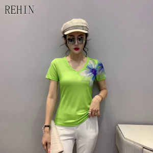 REHIN Womens top 3D large flowers print fashion design slim fit V-neck short-sleeved T-shirt S-3XL elegant blouse