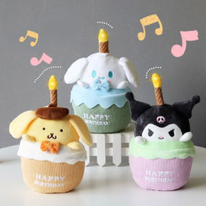 Vixplorn 20CM Sanrio Birthday Cake Gift Cinnamoroll Kuromi Stuffed Toy Melody Plush Doll Toy Glowing Singing