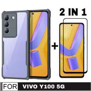 Promo Paket 2 in 1 Case Armor Fusion Shockproof Transparent Vivo Y100 / Vivo Y200e 2024 / Vivo Y75 5G 2022 + Anti Gores Layar Tepi Hitam