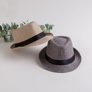 【Box Packaging】New Fashionable Retro Mens Top Hat Jazz Hat Breathable Linen Wide Eaves Curled Edge Straw Hat Outdoor Sunscreen Hat Fedora Hat for Couple Adult