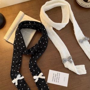 LUCKFRE Polka Dot Bow Wool Shawl Y2K Harajuku Knitted Scarf Cool Korean Style Long Narrow Scarves Ladies