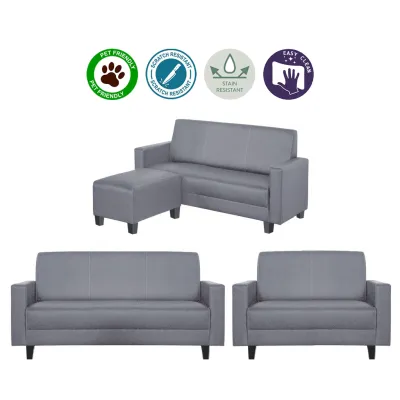 FurnitureMartSG Dorcas Fabric/ Leather 2 3 Seater Sofa Set + Ottoman w/ Pet-Friendly Option