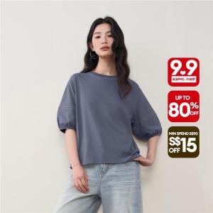 Giordano Women 100% Cotton topstitch 1/2 sleeve tee Free Shipping 18326212