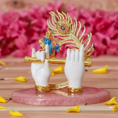 ZAARIYA Gold Plated Divine Krishna Hands Idol with Flute Statue for Home Decor Car Dashboard & Gifting 3.5x4.5 Inches!!