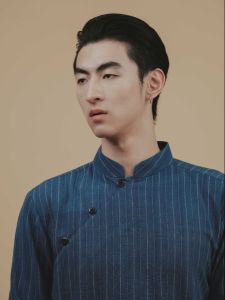 (JUN) Hanfu Shirt เสื้อเชิ้ตผู้ชายฮั่นฝู สีครามลายทาง