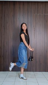 Jeans RT : Denim Slit Skirt High Waist Korean Tassel Slit Denim Fabric Tattered Skirt Trendy Korean Fashion Skirts