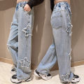 Rolanko Girls Jean Trousers Kids Wide Leg Baggy Denim Bottom Straight Pants Children Casual Clothes. 