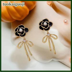 tuokaiguoji Thời Trang Thanh Lịch Màu Đen Hoa Trà Hoa Bow Mặt Dây Chuyền Stud Bông Tai Cho Phụ Nữ Đồ Trang Sức Phụ Kiện Quà Tặng