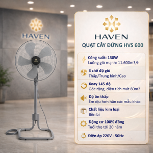 Quạt điện cây đứng công nghiệp Haven công suất lớn 130W luồng gió mạnh mẽ 100% lõi đồng bảo hành chính hãng 3 năm