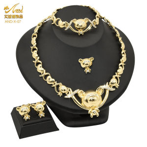 【品质精选】新款迪拜18K24K心形满钻首饰套装非洲婚礼项链戒指耳环手链四件套
