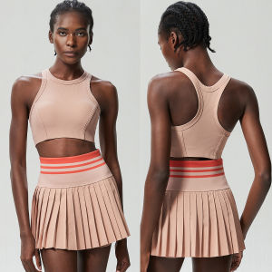 Womens Sportswear 2pcs Fitness Yoga Set High Waist Tennis Pleated Skirt Crop Top Gym Suit Breathable Pickleball Skirt Set