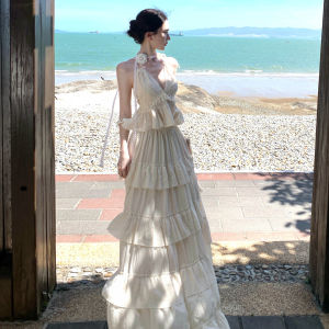 2026 Summer Women Beige Halter Backless V‑Neck Cami Top with Tiered Cake Skirt 2‑Piece Set