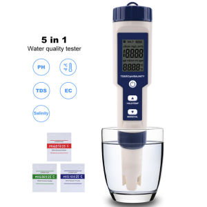 ใหม่5-In-1ตัวทดสอบคุณภาพPH/EC (การนำไฟฟ้า) /TDS (Ppm)/ความเค็ม (Ppt)/เครื่องวัดอุณหภูมิพืชสวนกันน้ำ