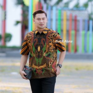 Baju Batik Pria Lengan Pendek Aluna Katun Premium Reguler Fit Full Furing Motif Exclusiv Berkualitas Modern Solo Sragenan B004