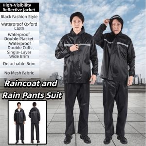 WEIYA Oxford Cloth Raincoat and Rain Pants Suit Hooded Design Reflective Strip Waterproof Rain Poncho Full Coverage Waterproof Motocycle Riding Raincoat Outdoor Activities