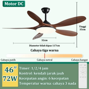 GOGEOUS Lampu Kipas Angin Gantung Plafon Modern LED Dan Sederhana Hias Jauh 2IN1 3 Warna 6 Kecepatan 46/56 Inci 72 Watt Ruang Tamu Meja Makan Kamar Tidur Balkon Hitam/Putih Kipas Angin Gantung Plafon Remote