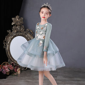 Summer Green White Baby Princess Flower Embroidery Floral Masquerade Red Carpet Dress Girls Kid Child Fluffy Tulle Applique Wedding Party Dress for 3 4 5 6 7 8 9 10 11 12 years old