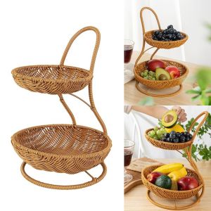 FEELDG 2 Layer Fruit Basket Handwoven Imitation Rattan Weaving Food Basket Storage Rack Home Kitchen