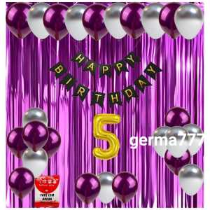 Paket Set Dekorasi Backdrop Pesta Balon Ulang Tahun Anak Banner Happy Birthday Hitam Tirai Ungu