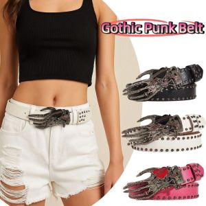 NOVELLEO ตกแต่งกางเกงยีนส์ สายรัดศีรษะแบบหมุด โครงกระดูก ปังค์อเมริกัน สายรัดเอวหนัง PU ปรับแต่งได้ แบบเกาหลี สายรัดข้อมือรูปมือรัก วัยรุ่น