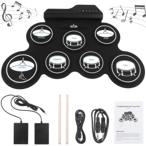 Rixton Portable Electronic Drum Digital USB 7 Pads Roll up Drum Set Silicone Electric Drum Pad Kit with Drumsticks and Sustain Foot Pedal
