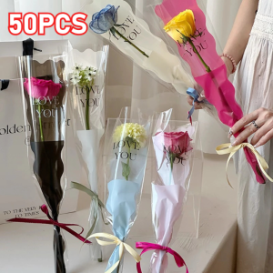 50PCS "LOVE YOU" Single Flower Packaging Wave Design Bouquet Bag DIY Gift Packaging Gift Wrappers of Flowers